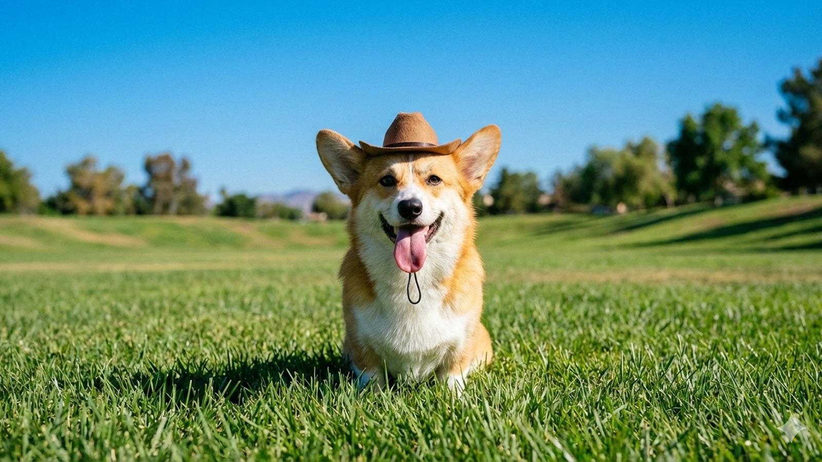 A corgi wearing a cowboy hat sitting on a green lawn