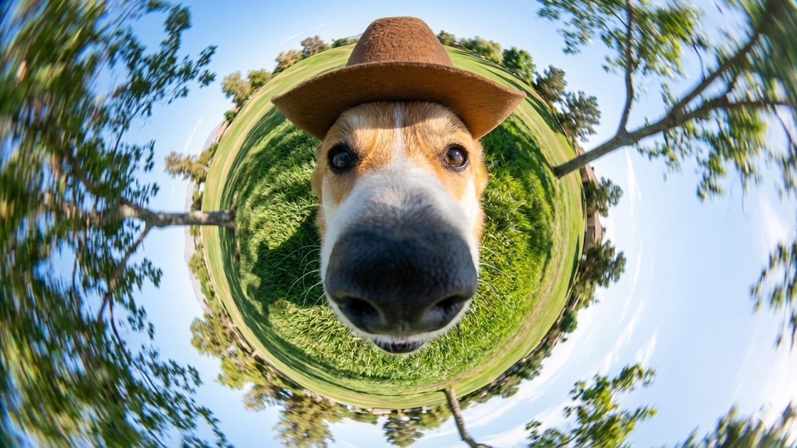The same corgi photo reprojected into a tiny-planet sphere