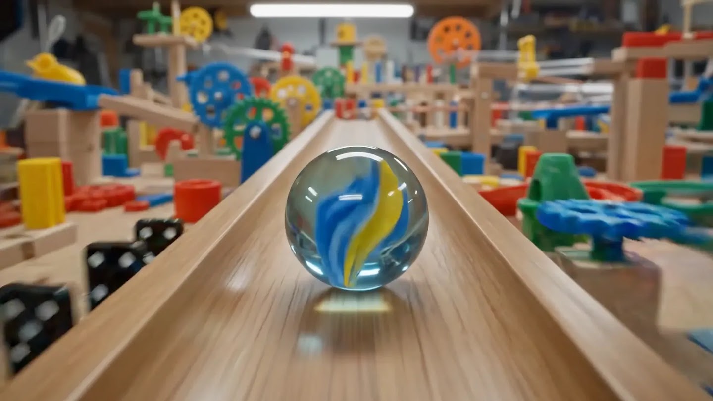 A glass marble rolling down a wooden track in a colourful marble-run workshop