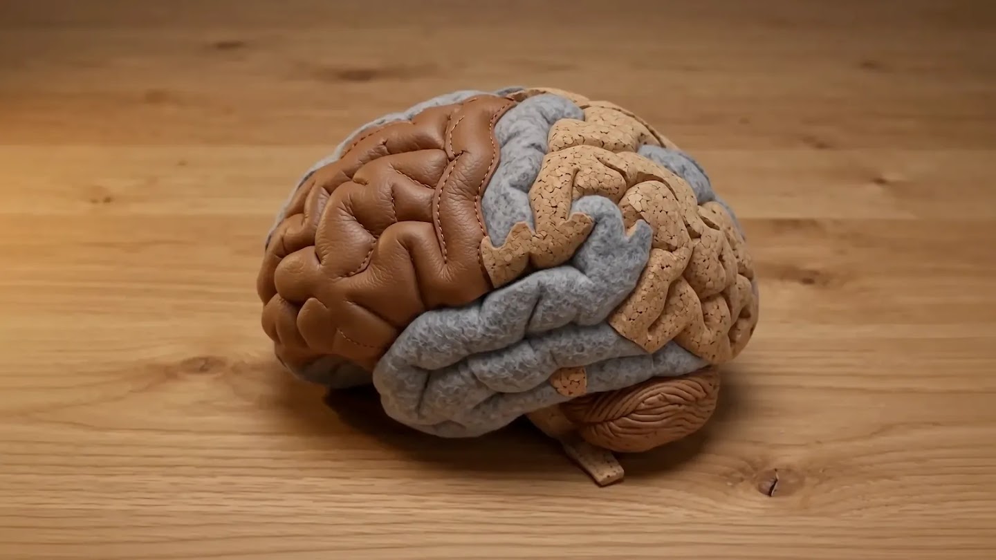 A brain sculpted from felt, cork, and stitched leather resting on a wooden table
