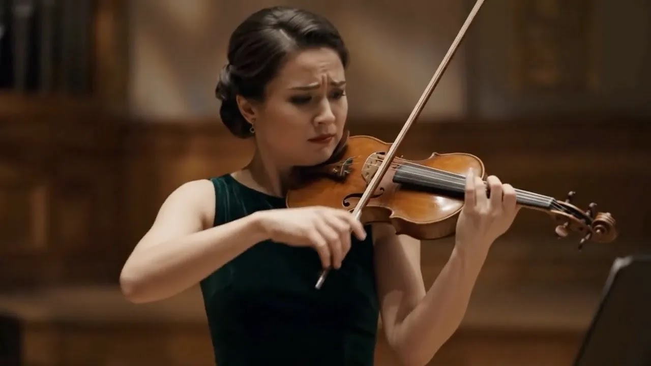 A violinist playing in a wood-panelled concert hall