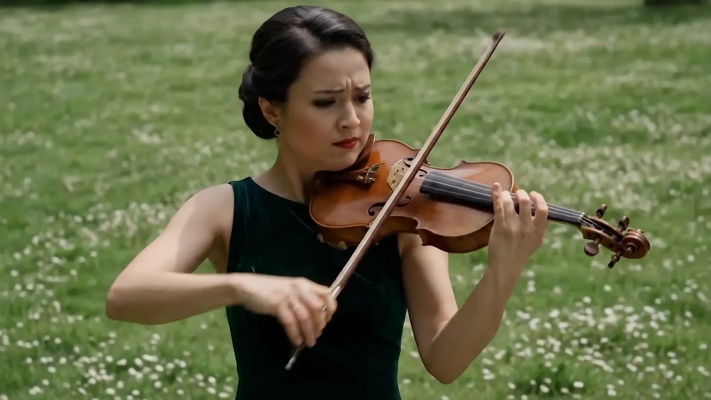 The same violinist now playing in a sunlit meadow