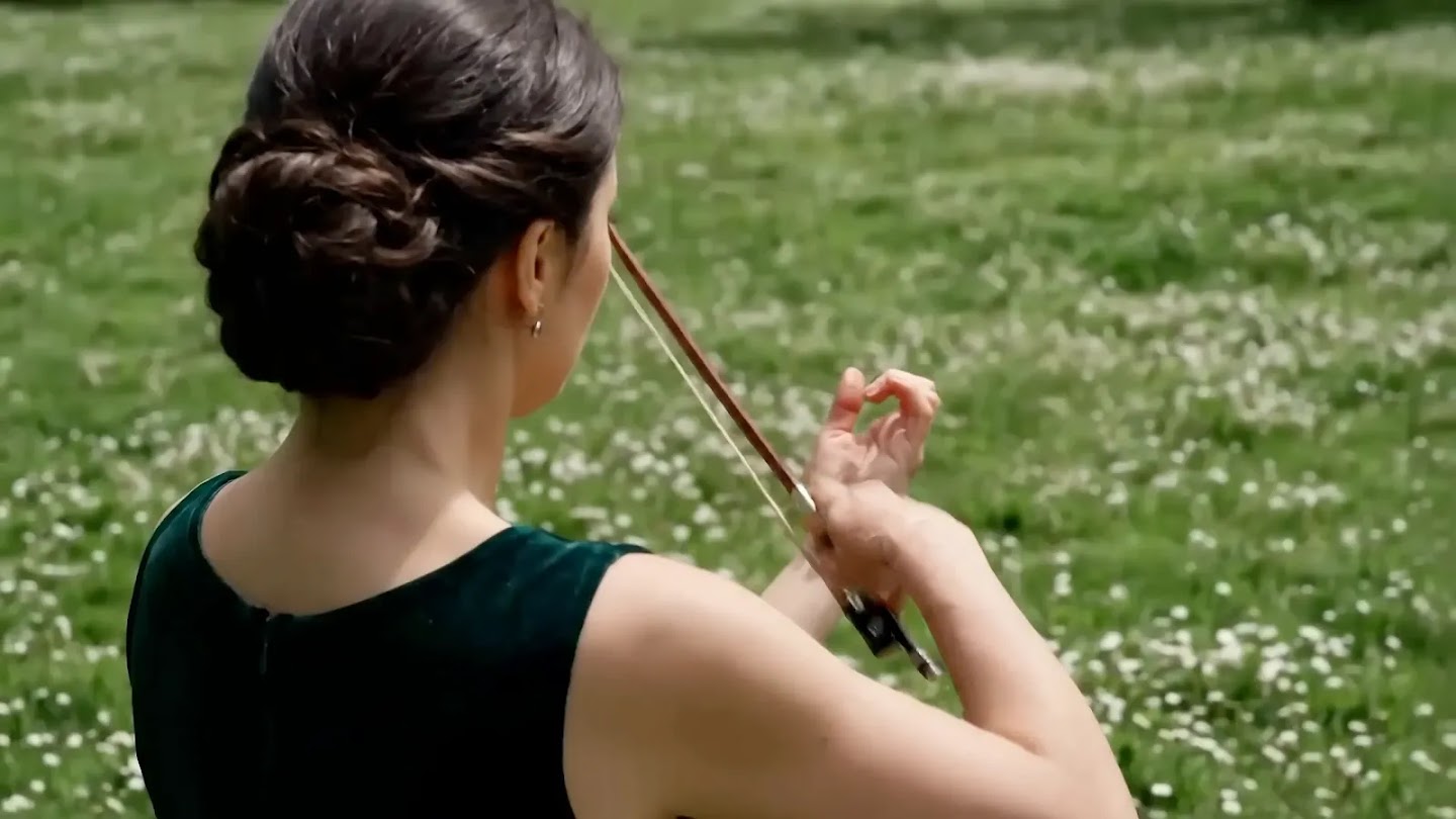 The same violinist filmed from behind in the meadow